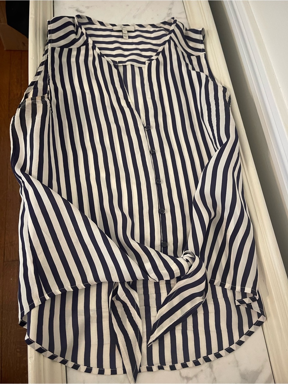 Joie Navy and White Striped 100% Silk Sleeveless Button-Front Shirt